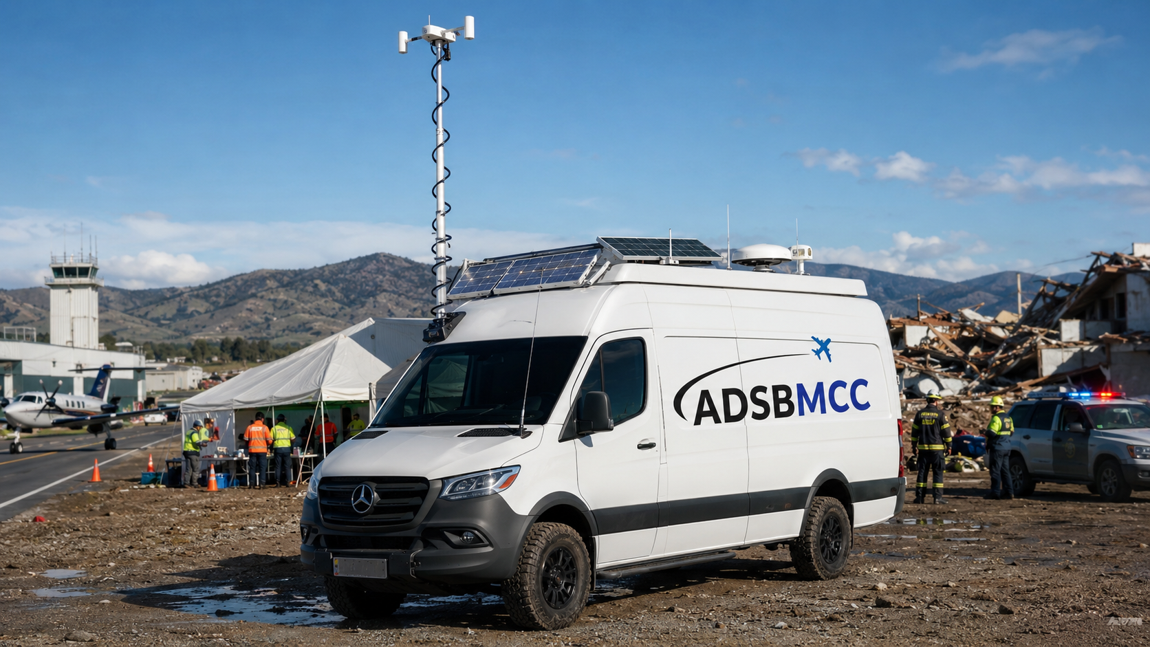 ADSBMCC white mobile command van deployed in a disaster response airfield setting